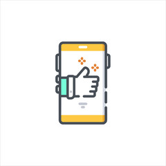 Smartphone displaying thumbs up symbol for approval, suggesting positive feedback and successful online interaction, conveying a sense of satisfaction and agreement.