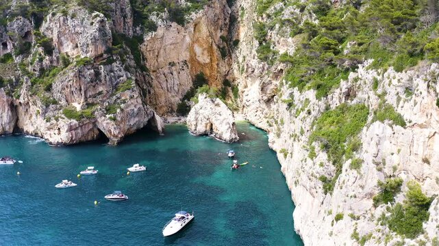 Aerial view of the beautiful Cala En Cal&oacute;, in Cape La Nao, coast of the town of J&aacute;vea, Mediterranean Sea, Spain.