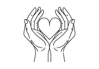 Vector simple linear illustration of two hand drawn hands gently holding a heart, hand poster, logo, print design template, symbolizing care, love, support, gesture in minimal modern art style.