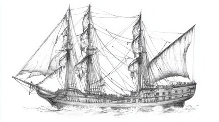 A vintage hand-drawn illustration of Magellan's expedition ship the Concepcian, detailed woodwork and sails on a clean white background 
