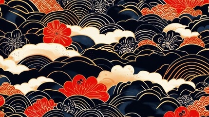 Seamless pattern of red flowers and gold waves on dark blue background.