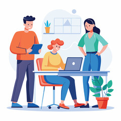 man sitting at his desk working on laptop, with woman standing near him holding phone, designed in flat style vector 
