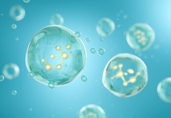  translucent bubbles with molecular structures, set against a calming blue background. This visual captures the essence of cosmetic science for skincare promotions  3D rendering  