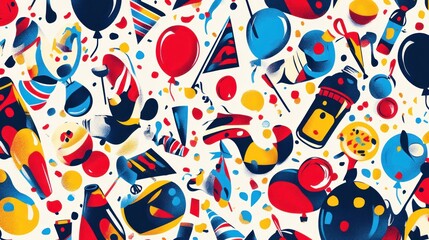Festive party seamless pattern with balloons, confetti, drinks, and party hats.