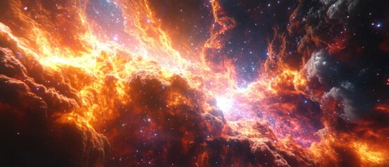 Fototapeta premium Ethereal cosmic nebula with vibrant orange and red hues, shimmering stars, and a sense of vastness, creating a breathtaking celestial vista in deep space