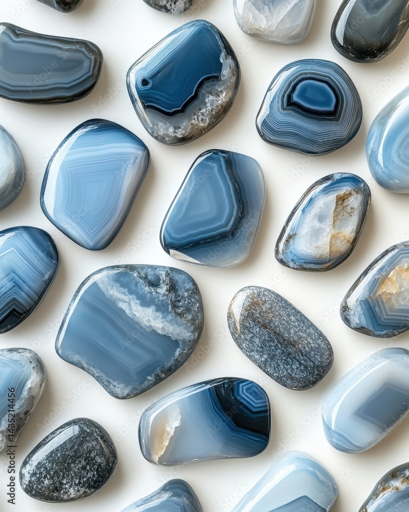 Poster captivating arrangement of blue agate stones showcasing unique patterns and textures on a clean whit