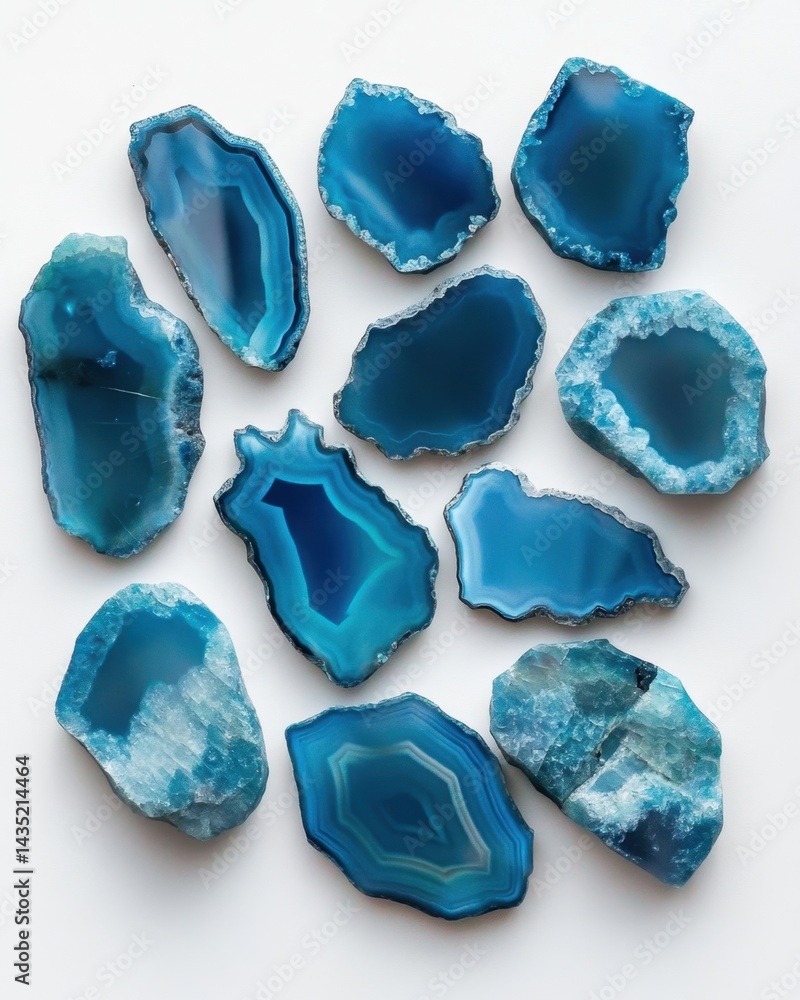 Poster captivating collection of blue agate slices on white backdrop showcasing unique patterns and texture
