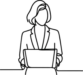 Minimalist One Line Drawing of Woman Using Laptop-A simple continuous line art of a woman working on a laptop, symbolizing technology and productivity. Minimalist style on a white background.