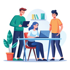 man sitting at his desk working on laptop, with woman standing near him holding phone, designed in flat style vector 
