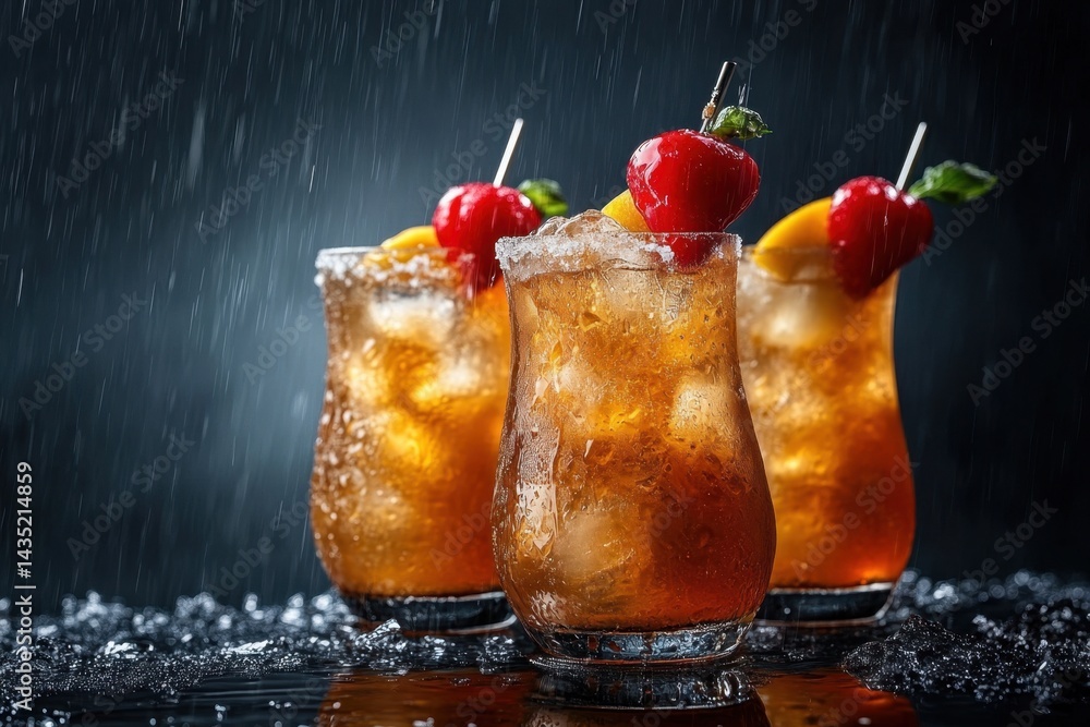 Poster refreshing iced cocktails adorned with vibrant red cherries and lemon slices in a dramatic rain show