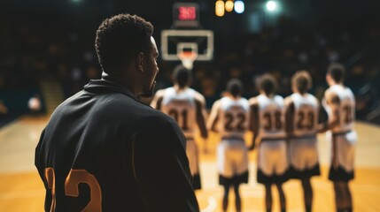 A basketball coach motivating their team during a timeout in a heated game.