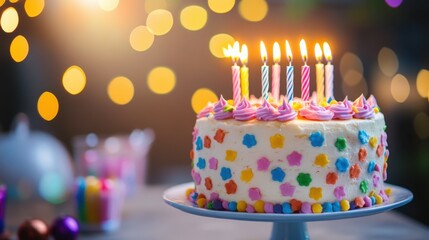 colorful birthday cake with candles, party blurred background, , hcolorful birthday cake with candles, party blurred background, , horizontal banner, copy space forizontal banner, copy space for text