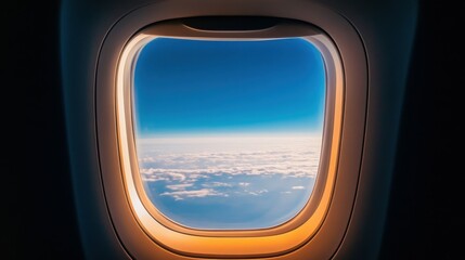 An airplane window with a blank, clear sky visible outside.