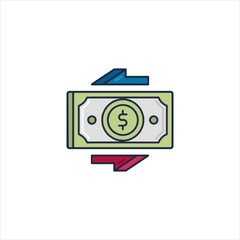 Money exchange showing financial transaction with dollar sign and arrows indicating transfer of funds in a clean and modern style.