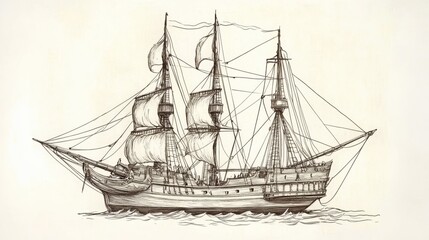 Antique maritime drawing of Concepcian from Magellan's fleet, hand-drawn with vintage line work on a white background