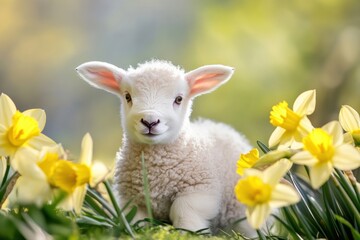 Obraz premium Adorable lamb among bright yellow daffodils in a spring meadow