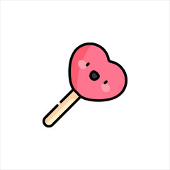 Cute pink heart lollipop with smiling face floating on white surface represents love and sweetness for valentine's day celebration.