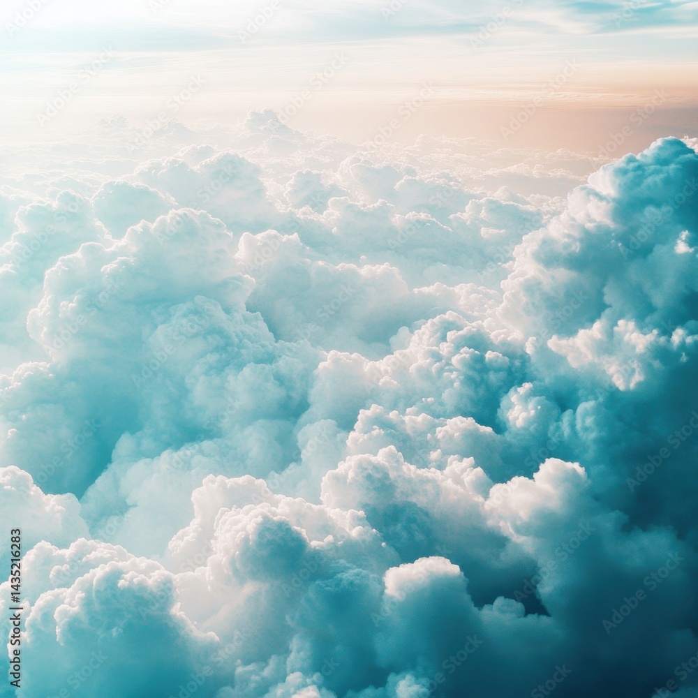 Poster aerial view of a vast expanse of fluffy white clouds illuminated by soft sunlight creating a serene 