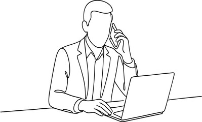 Minimalist one line art of a businessman talking on phone while working on a laptop at a desk. Simple black line on white background, modern office scene.