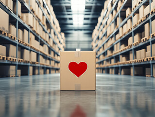 A single box with a red heart symbol stands in a warehouse filled with packages, symbolizing love and care in logistics.