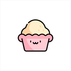 Cute cupcake with a smiling face sits in a pink wrapper on a white surface, creating a sweet and cheerful mood.