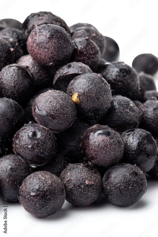 Poster pile of freshly harvested acai berries displaying rich texture and deep color on white background ma