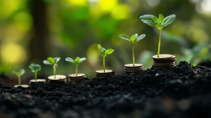 Fototapeta premium Small plants growing in a line of coins in dark soil; the tallest plant is at the right.