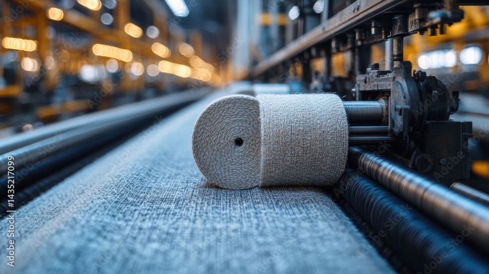 Aufkleber close-up of textile manufacturing process with spools on conveyor in a busy factory setting