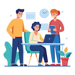 man sitting at his desk working on laptop, with woman standing near him holding phone, designed in flat style vector 
