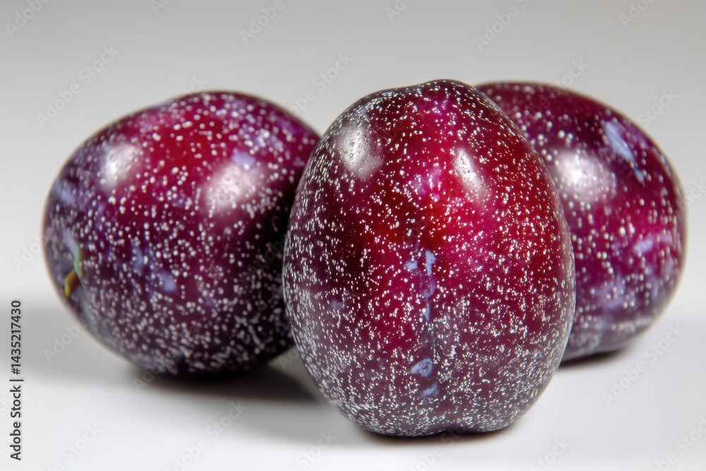 Poster three ripe plums with a vibrant red hue and delicate white dots arranged on a light surface creating