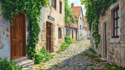 Fototapeta premium Sunlit cobblestone alleyway in a quaint European village, with ivy-covered stone buildings and lush greenery.