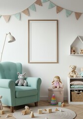 Nursery Room Interior with Armchair and Blank Picture Frame