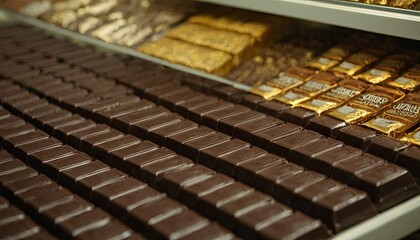 Close-up of dark chocolate bar tiles in a row
1