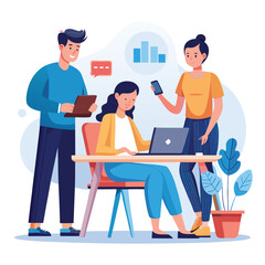 man sitting at his desk working on laptop, with woman standing near him holding phone, designed in flat style vector 
