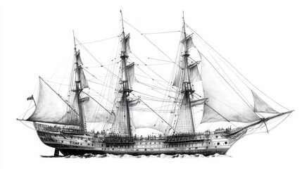 Classic ship drawing of the Concepcian, intricately detailed rigging and sails, isolated on plain white