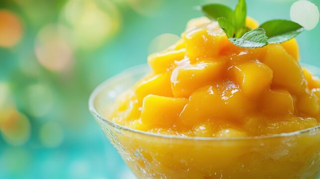 Close up of mango pudding bingsu with a blurred background Sweets and desserts in South Korean style high in calories and sugar Suitable for background wallpaper copyspace and menu listings