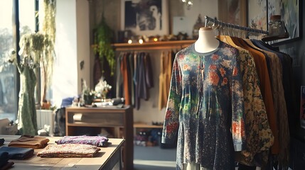 Fototapeta premium Bohemian-style clothing store with natural light.