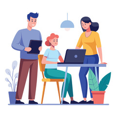 man sitting at his desk working on laptop, with woman standing near him holding phone, designed in flat style vector 
