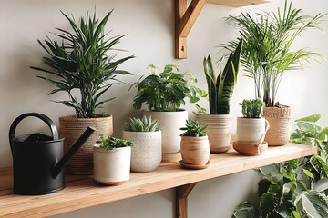 Fototapeta premium Indoor Plant Display on Wooden Shelf
