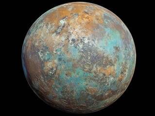 Fototapeta premium Detailed close up of a planet with a textured surface in shades of brown orange and blue on a black background creating a sense of depth and mystery