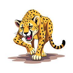 A cartoon-style cheetah in a crouched, ready stance. It has yellow fur with black spots, a long tail, and its mouth is open, showing its teeth.
