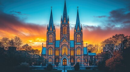 Churchs Golden Hour Gothic spires glow in sunsets embrace