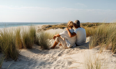 lovely senior couple sitting on the beach in summer sunset