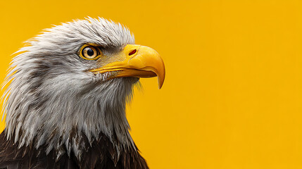 Obraz premium Close-up of a majestic eagle against a vibrant yellow background, showcasing its sharp gaze and features