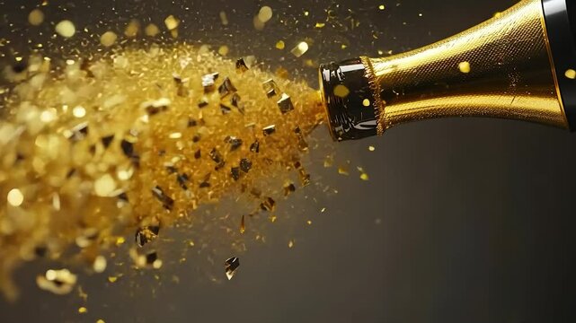 Gold confetti explosion from champagne bottle