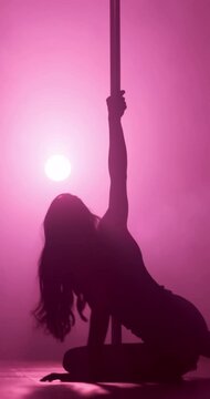 Girl, pole dance and talent at club, performance and creative with neon, smoke and burlesque concert. Woman, exotic dancer and swivel for private show, stretching or fantasy with stage light at night