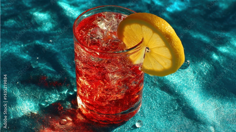 Poster refreshing red drink with ice and lemon slice on a vibrant blue textured background casting interest
