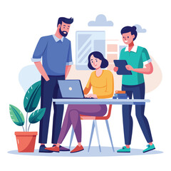 man sitting at his desk working on laptop, with woman standing near him holding phone, designed in flat style vector 
