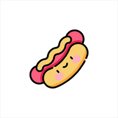 Cute hotdog character smiling with mustard in a simple cartoon style, representing delicious food and cheerful design, ideal for children's menus and foodrelated projects.