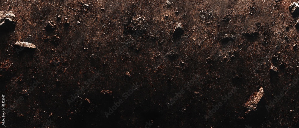 Poster dramatic close up of dark soil texture with scattered rocks and organic debris creating a rich and n